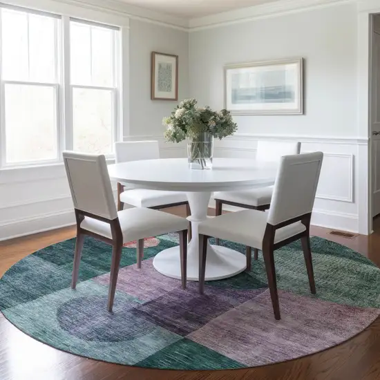 8' Green Copper And Purple Round Geometric Washable Indoor Outdoor Area Rug Photo 9