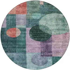 Photo of 8' Green Copper And Purple Round Geometric Washable Indoor Outdoor Area Rug