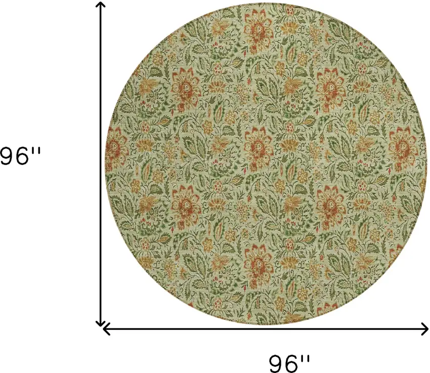 8' Green Copper And Sage Round Floral Washable Indoor Outdoor Area Rug Photo 3