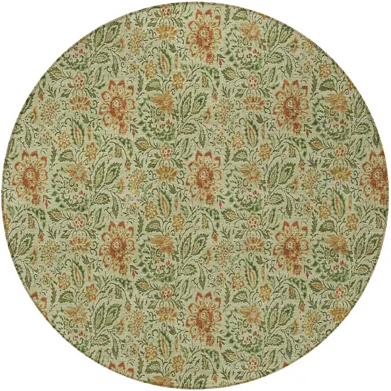 8' Green Copper And Sage Round Floral Washable Indoor Outdoor Area Rug Photo 5