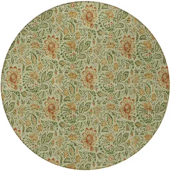 8' Green Copper And Sage Round Floral Washable Indoor Outdoor Area Rug Photo 5