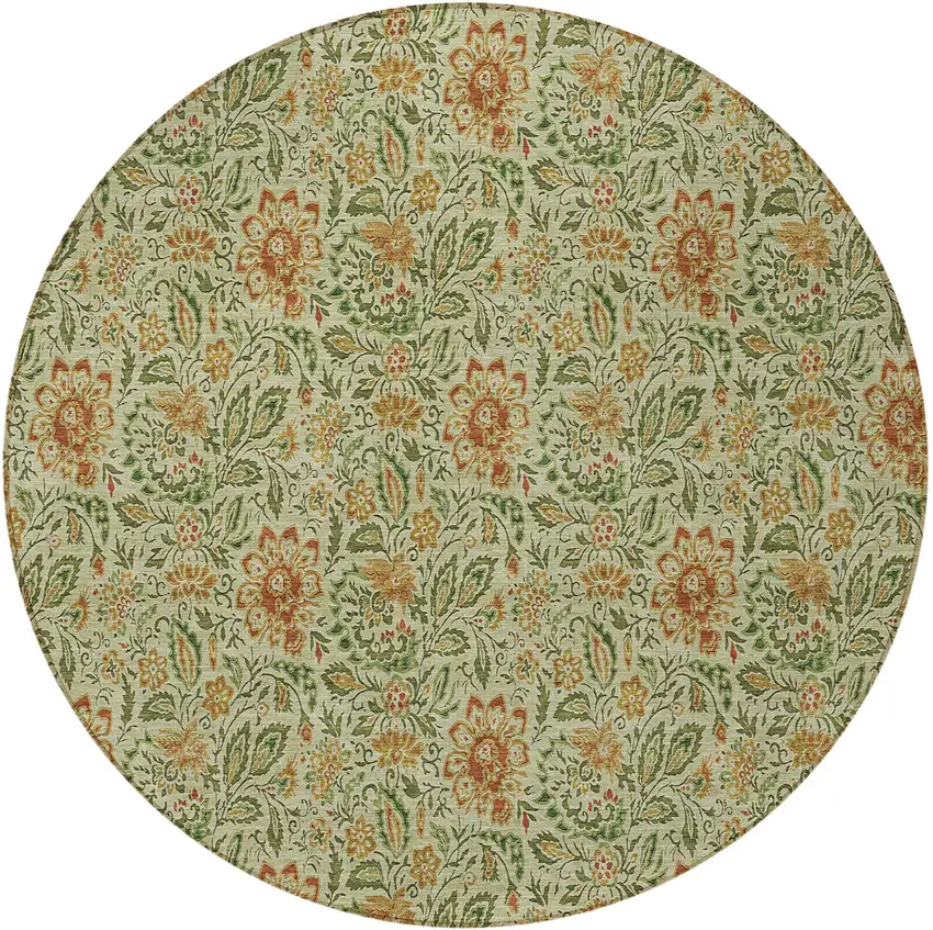 8' Green Copper And Sage Round Floral Washable Indoor Outdoor Area Rug Photo 5