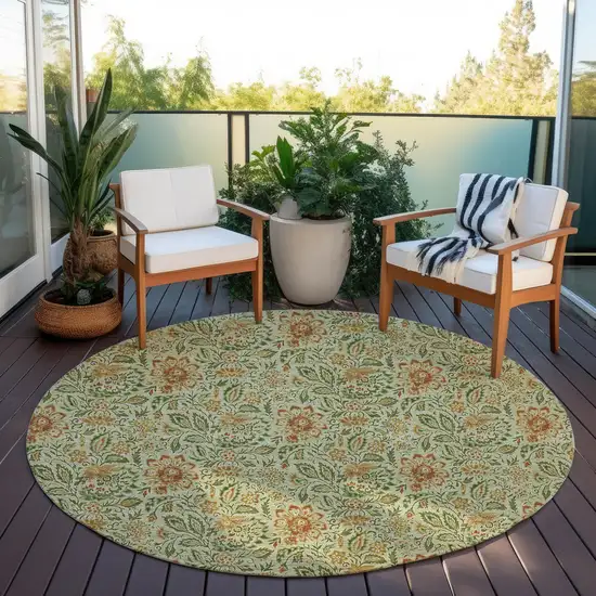 8' Green Copper And Sage Round Floral Washable Indoor Outdoor Area Rug Photo 6