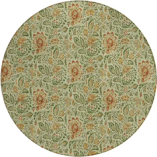 8' Green Copper And Sage Round Floral Washable Indoor Outdoor Area Rug Photo 2