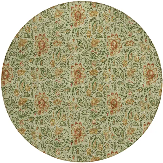 8' Green Copper And Sage Round Floral Washable Indoor Outdoor Area Rug Photo 2