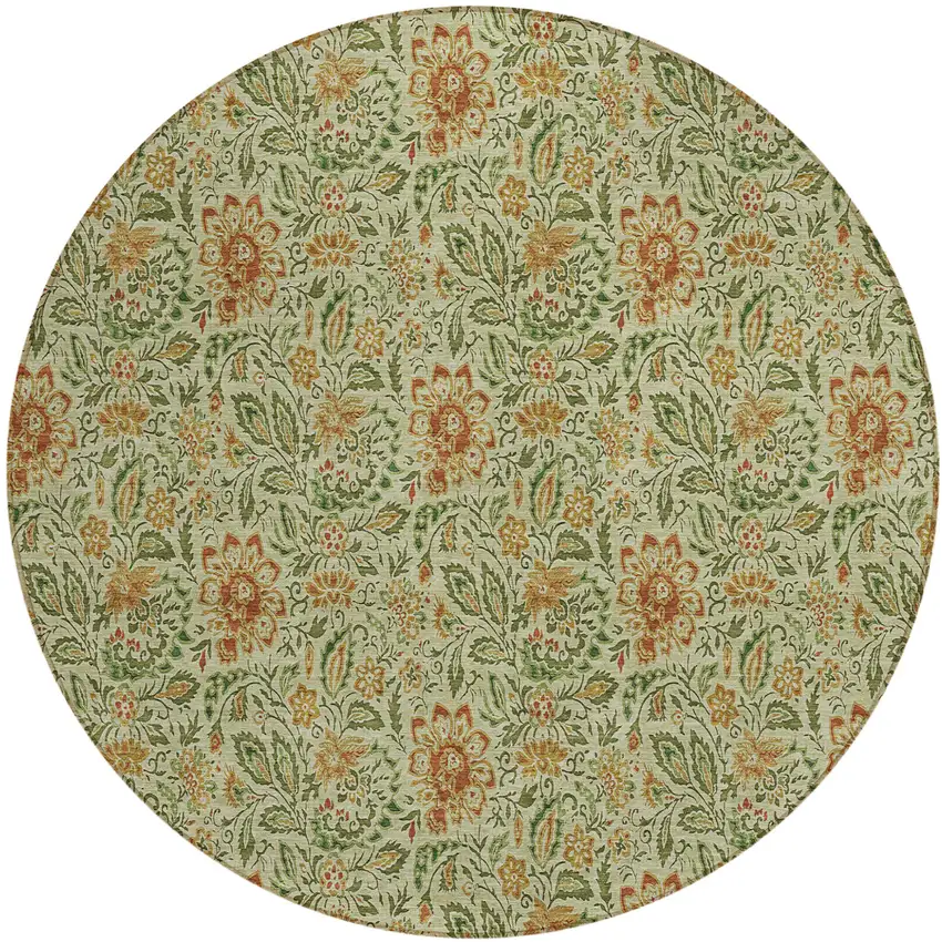 8' Green Copper And Sage Round Floral Washable Indoor Outdoor Area Rug Photo 2