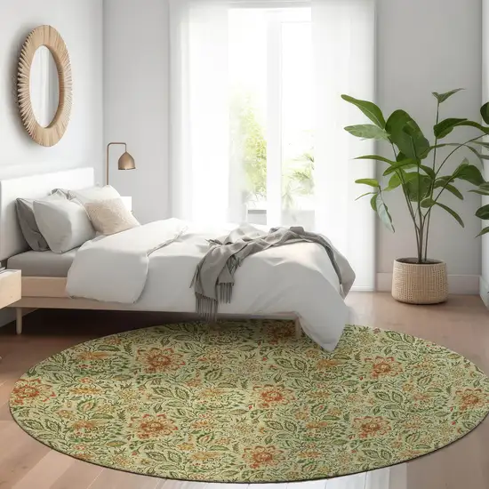 8' Green Copper And Sage Round Floral Washable Indoor Outdoor Area Rug Photo 7