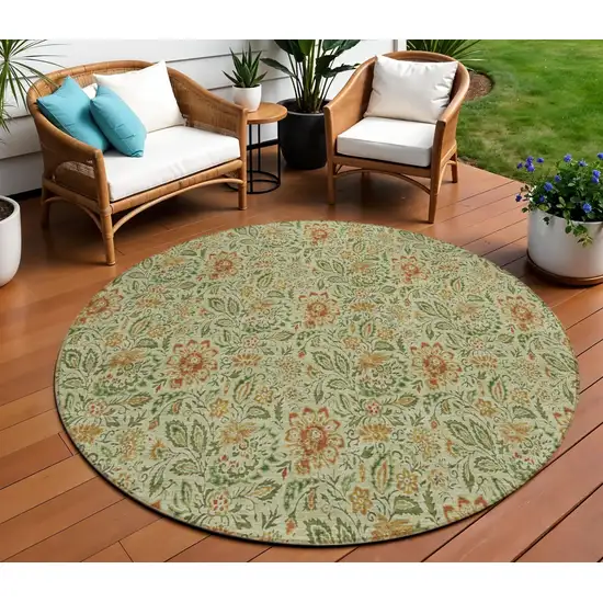 8' Green Copper And Sage Round Floral Washable Indoor Outdoor Area Rug Photo 1