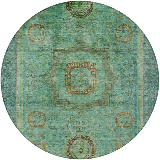 8' Green Copper And Teal Blue Round Oriental Washable Indoor Outdoor Area Rug Photo 4