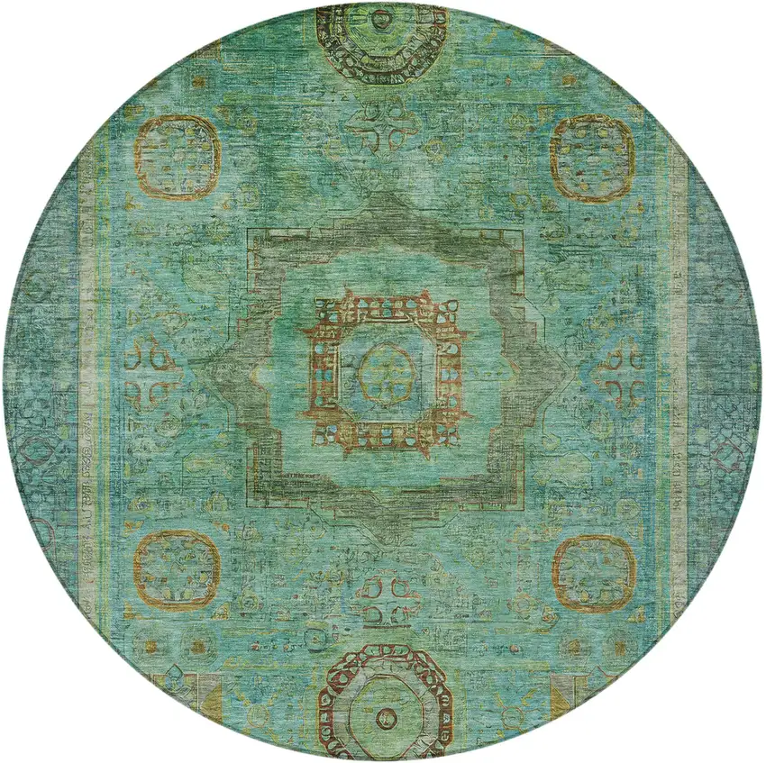 8' Green Copper And Teal Blue Round Oriental Washable Indoor Outdoor Area Rug Photo 4