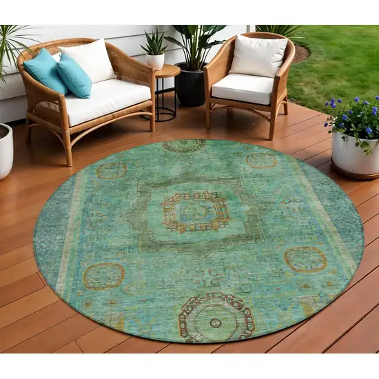8' Green Copper And Teal Blue Round Oriental Washable Indoor Outdoor Area Rug Photo 2