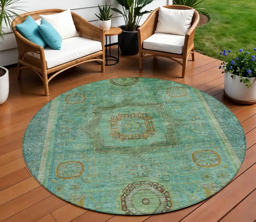 8' Green Copper And Teal Blue Round Oriental Washable Indoor Outdoor Area Rug Photo 2