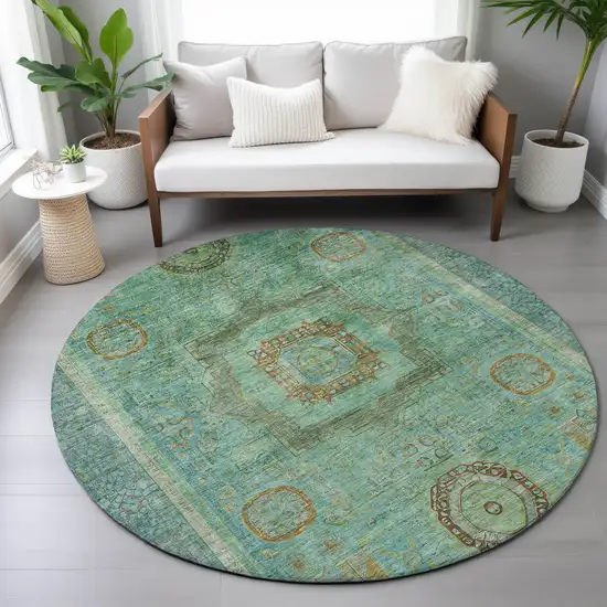 8' Green Copper And Teal Blue Round Oriental Washable Indoor Outdoor Area Rug Photo 8