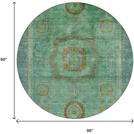 8' Green Copper And Teal Blue Round Oriental Washable Indoor Outdoor Area Rug Photo 9