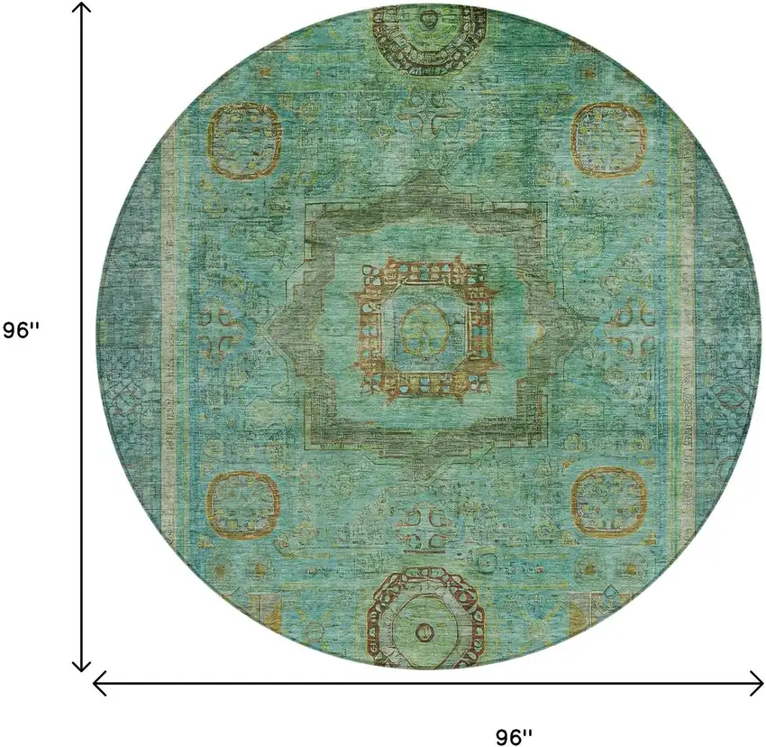 8' Green Copper And Teal Blue Round Oriental Washable Indoor Outdoor Area Rug Photo 9