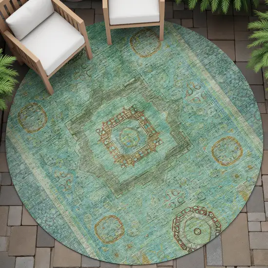 8' Green Copper And Teal Blue Round Oriental Washable Indoor Outdoor Area Rug Photo 7