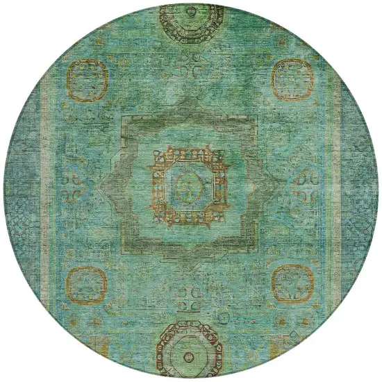 8' Green Copper And Teal Blue Round Oriental Washable Indoor Outdoor Area Rug Photo 3