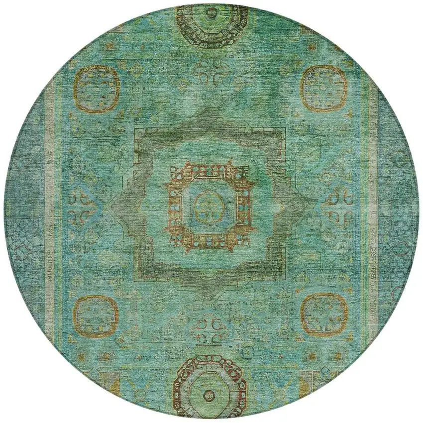8' Green Copper And Teal Blue Round Oriental Washable Indoor Outdoor Area Rug Photo 3