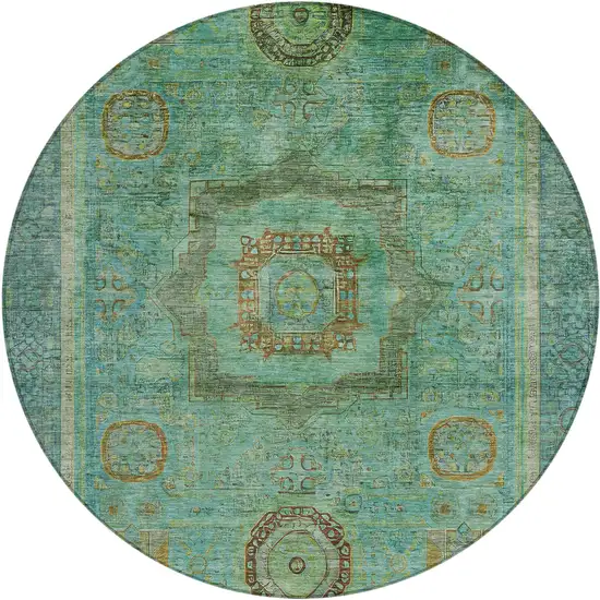 8' Green Copper And Teal Blue Round Oriental Washable Indoor Outdoor Area Rug Photo 1