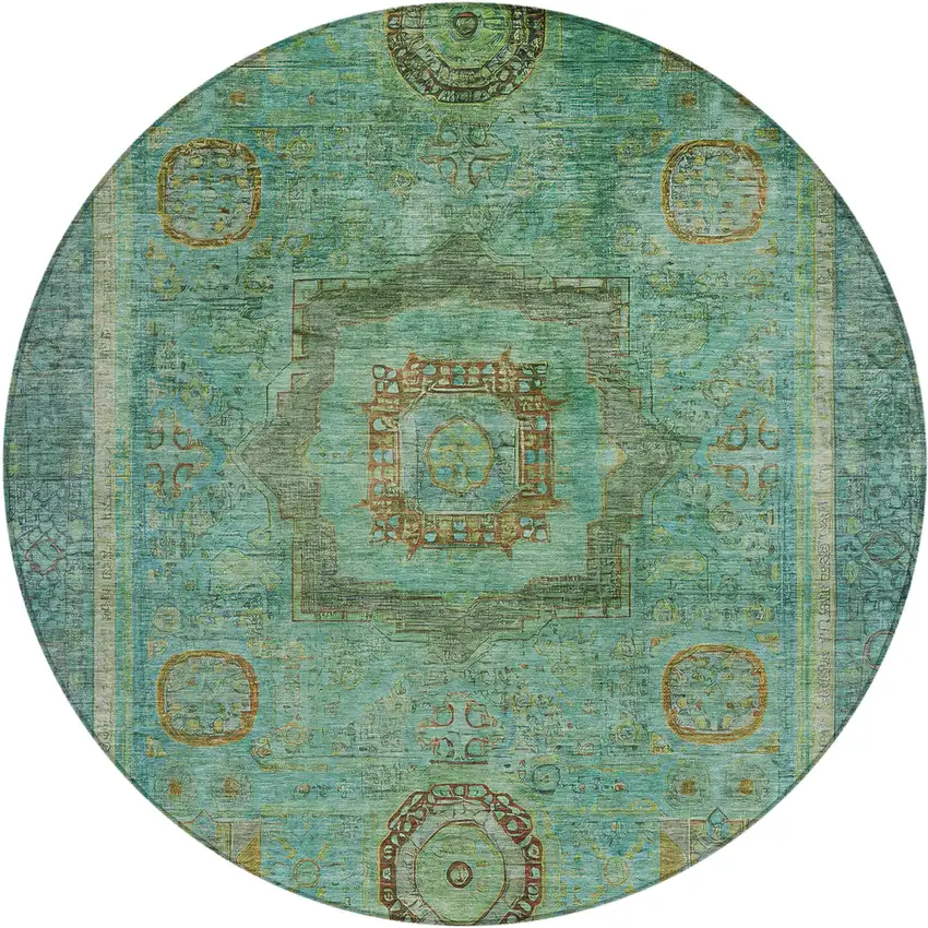 8' Green Copper And Teal Blue Round Oriental Washable Indoor Outdoor Area Rug Photo 1