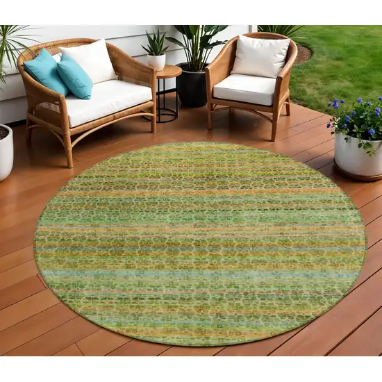 8' Green Copper And Teal Blue Round Striped Washable Indoor Outdoor Area Rug Photo 2