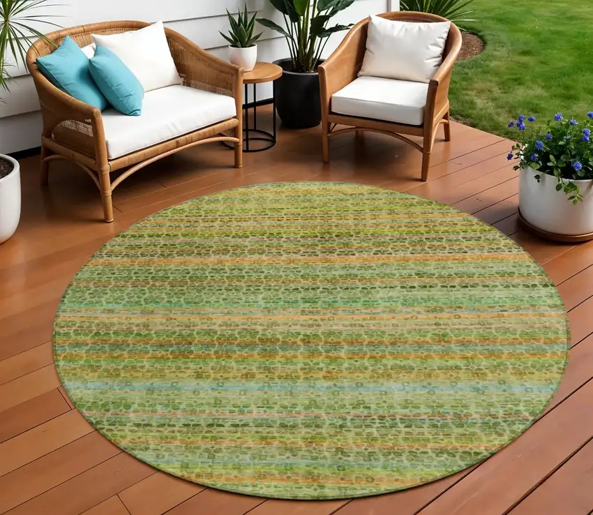 8' Green Copper And Teal Blue Round Striped Washable Indoor Outdoor Area Rug Photo 2