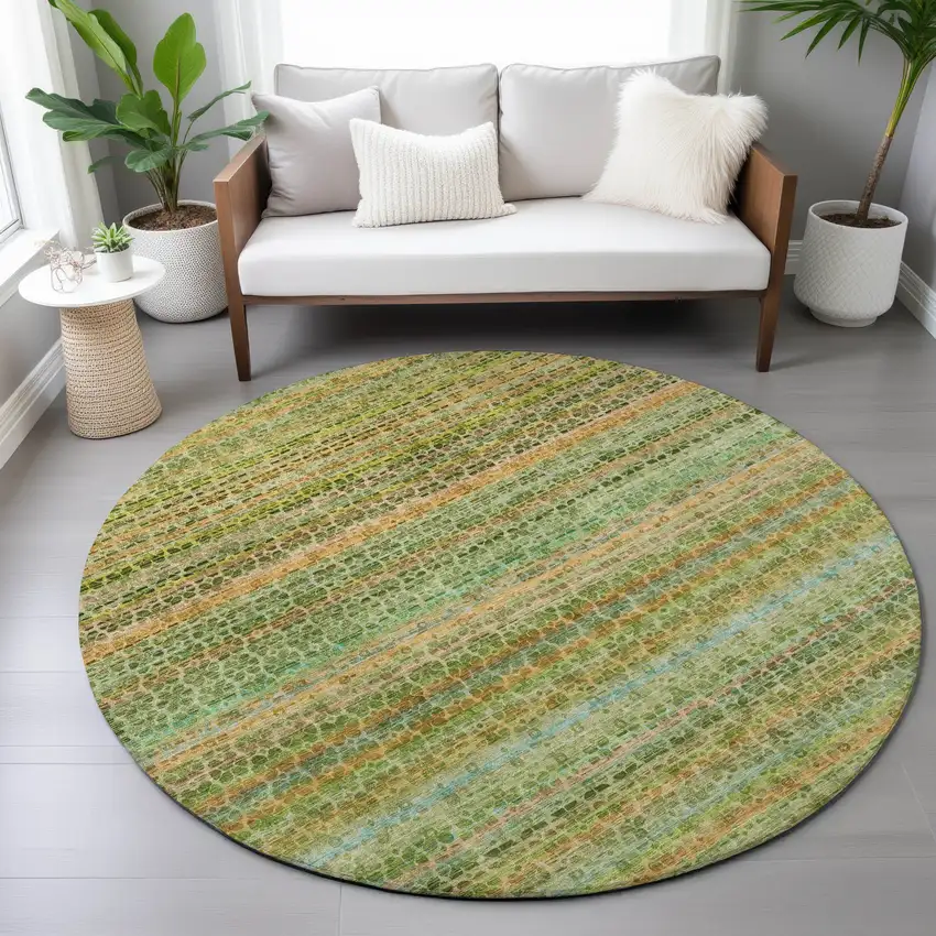 8' Green Copper And Teal Blue Round Striped Washable Indoor Outdoor Area Rug Photo 7