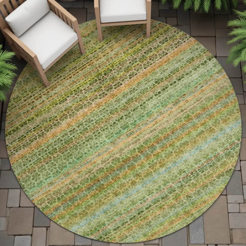 8' Green Copper And Teal Blue Round Striped Washable Indoor Outdoor Area Rug Photo 6
