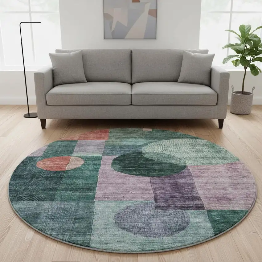 8' Green Coral And Lavender Geometric Washable Round Rug With UV Protection Photo 2