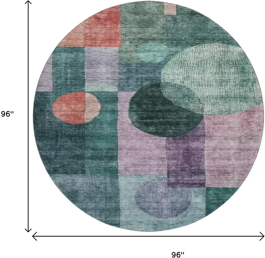 8' Green Coral And Lavender Geometric Washable Round Rug With UV Protection Photo 9