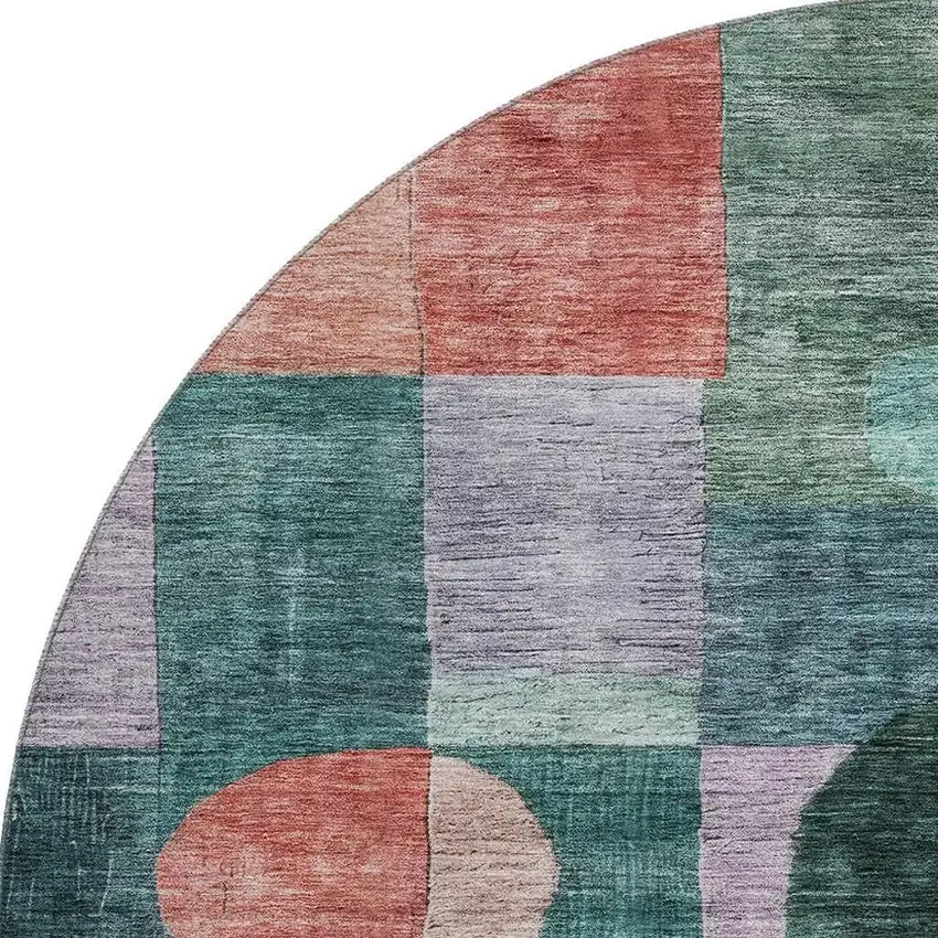 8' Green Coral And Lavender Geometric Washable Round Rug With UV Protection Photo 3