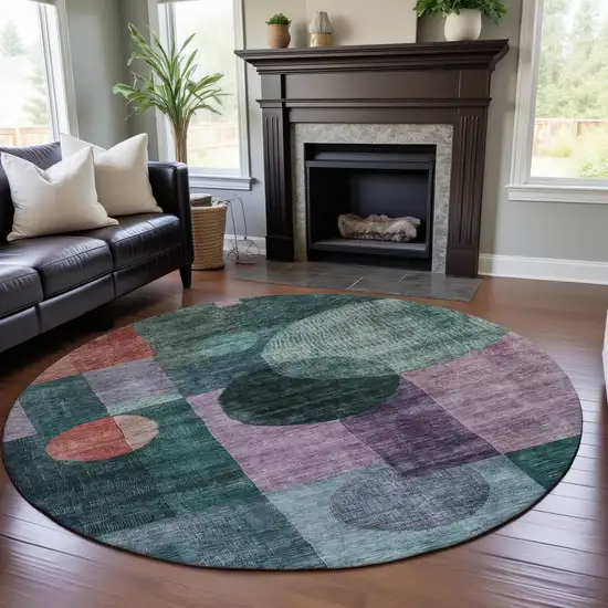 8' Green Coral And Lavender Geometric Washable Round Rug With UV Protection Photo 4