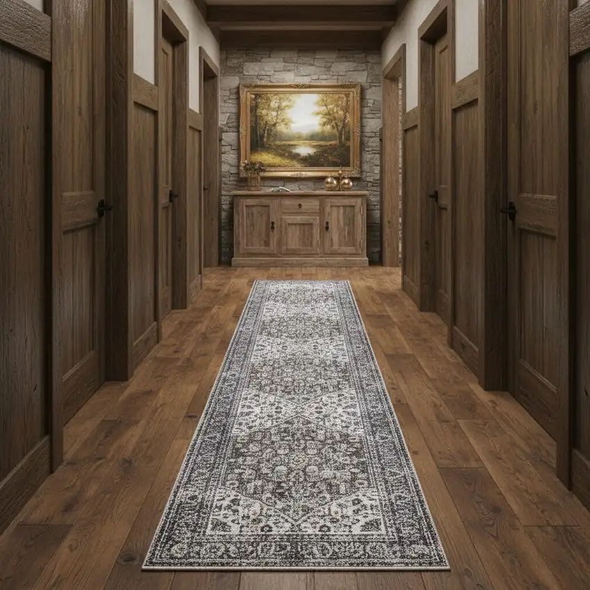 12' Green Floral Distressed Runner Rug Photo 1