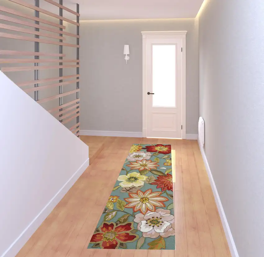 8' Green Floral Hand Hooked Handmade Runner Rug Photo 2