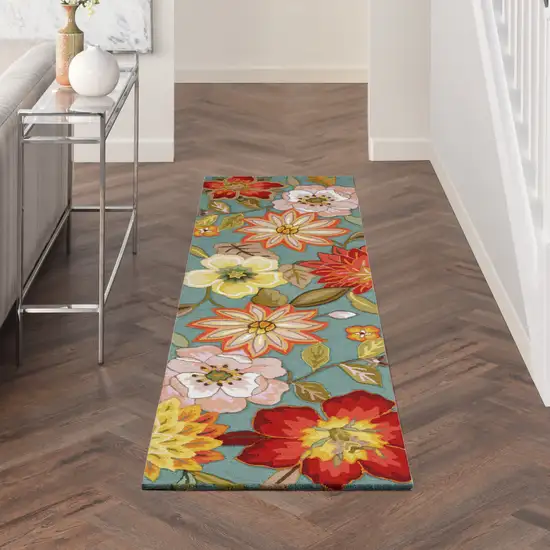 8' Green Floral Hand Hooked Handmade Runner Rug Photo 7