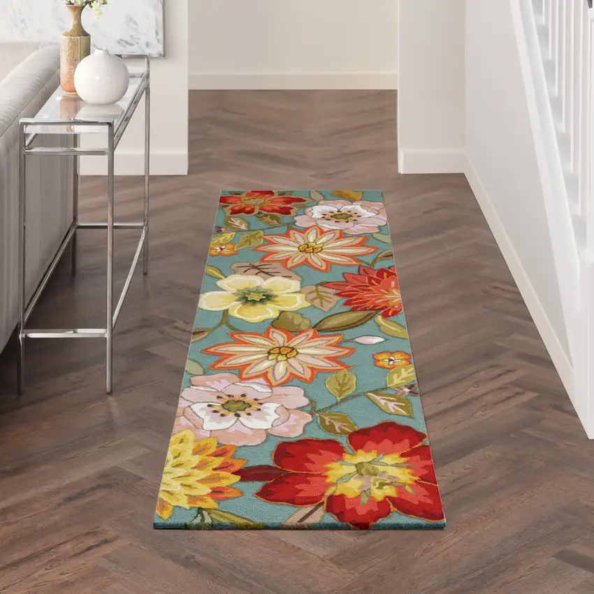8' Green Floral Hand Hooked Handmade Runner Rug Photo 7