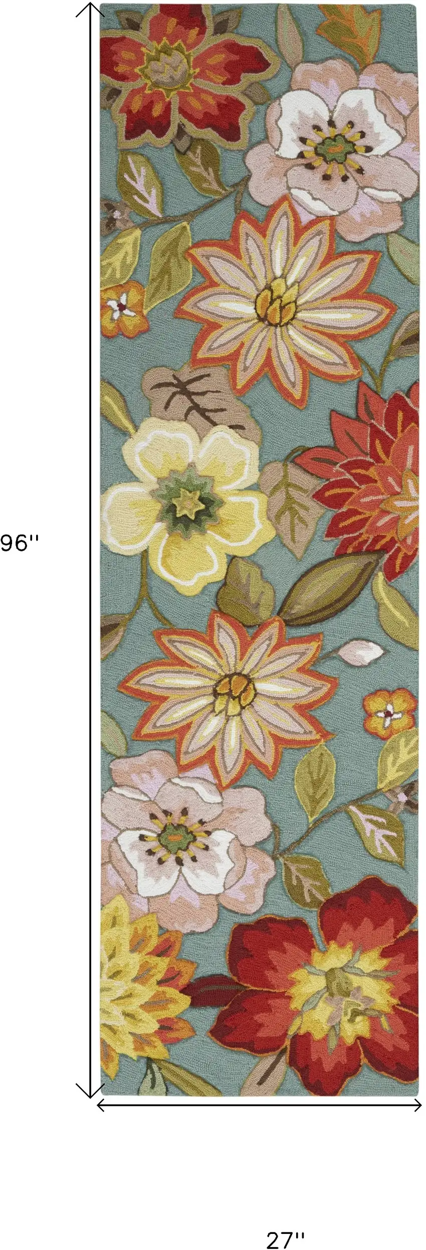 8' Green Floral Hand Hooked Handmade Runner Rug Photo 8