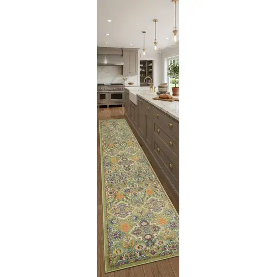 8' Green Floral Power Loom Runner Rug Photo 2