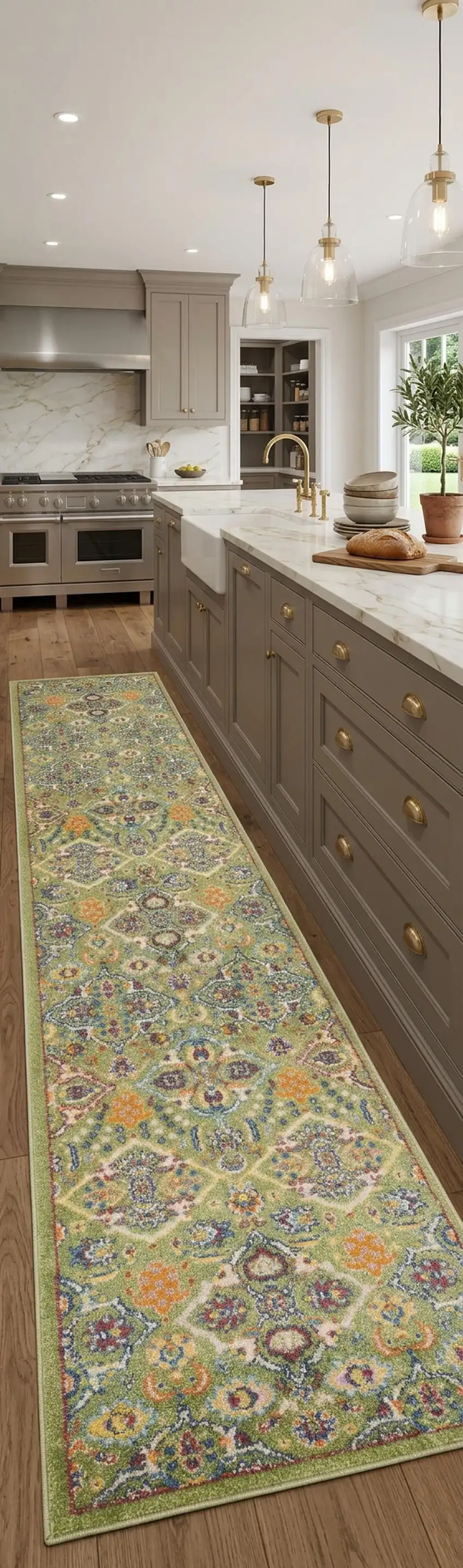 8' Green Floral Power Loom Runner Rug Photo 2