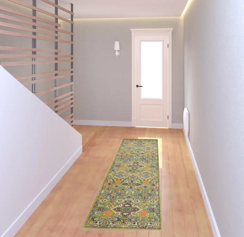 8' Green Floral Power Loom Runner Rug Photo 2
