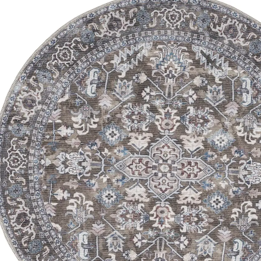 4' Green Floral Power Loom Worn Faded Round Rug Photo 8