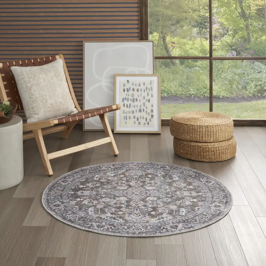 4' Green Floral Power Loom Worn Faded Round Rug Photo 7