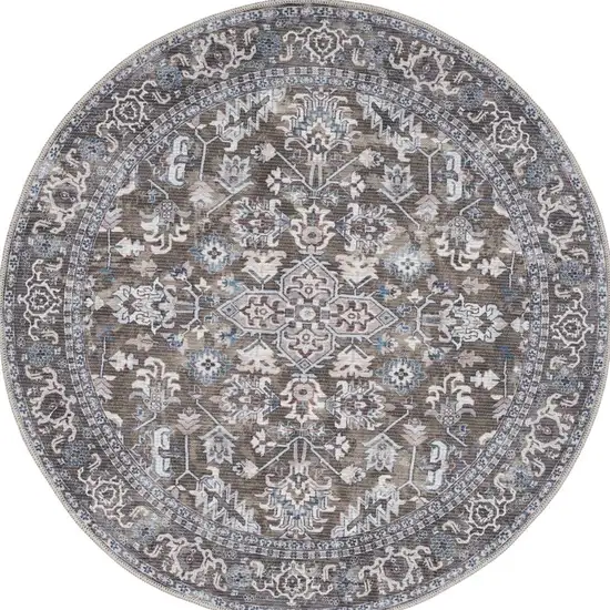 4' Green Floral Power Loom Worn Faded Round Rug Photo 3