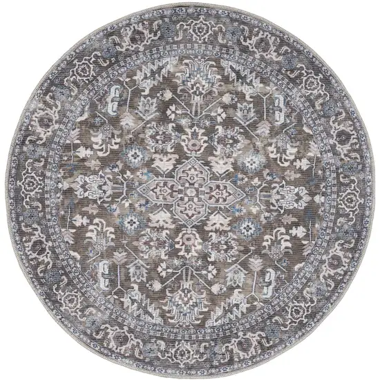 4' Green Floral Power Loom Worn Faded Round Rug Photo 2