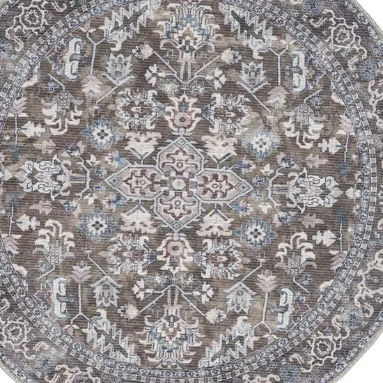 4' Green Floral Power Loom Worn Faded Round Rug Photo 4