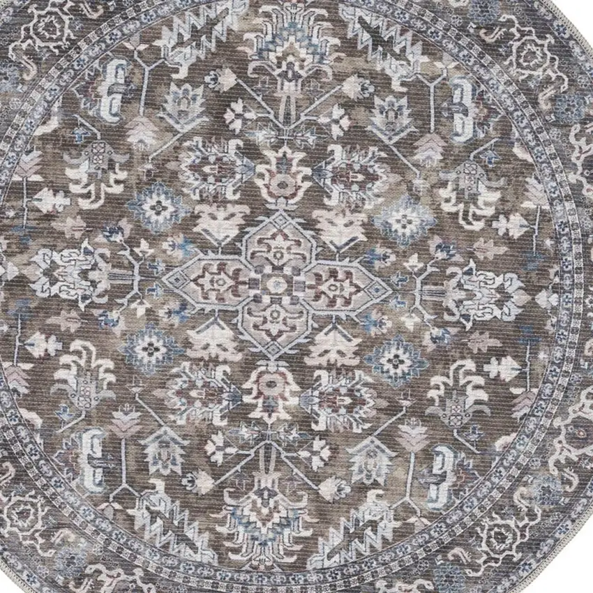 4' Green Floral Power Loom Worn Faded Round Rug Photo 4