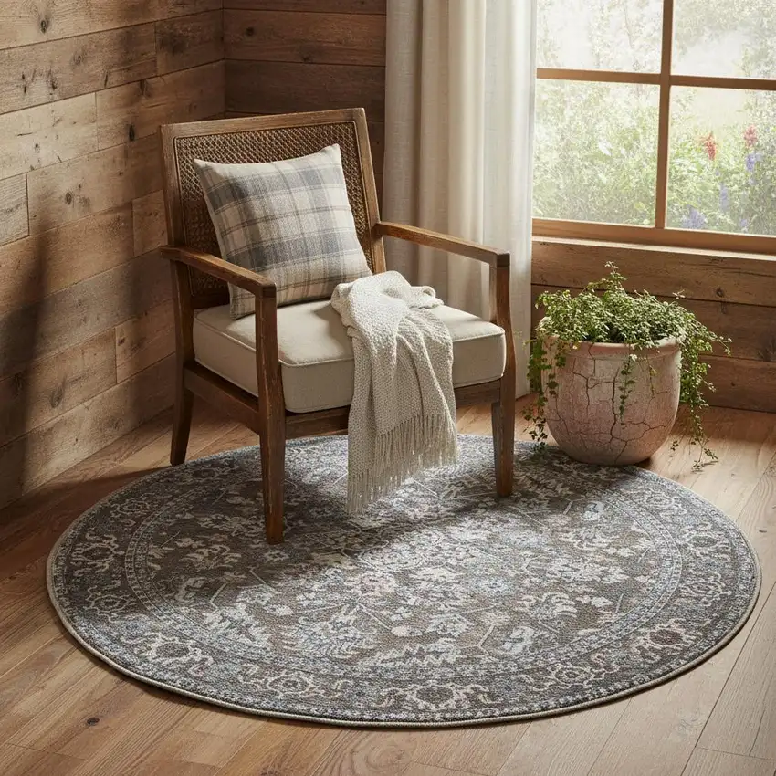 4' Green Floral Power Loom Worn Faded Round Rug Photo 1