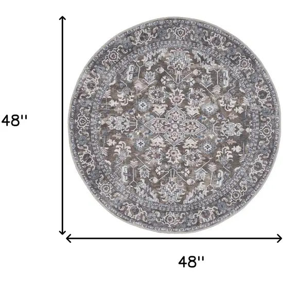 4' Green Floral Power Loom Worn Faded Round Rug Photo 3