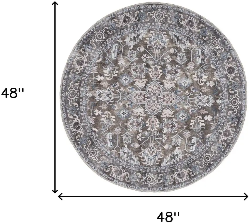 4' Green Floral Power Loom Worn Faded Round Rug Photo 3