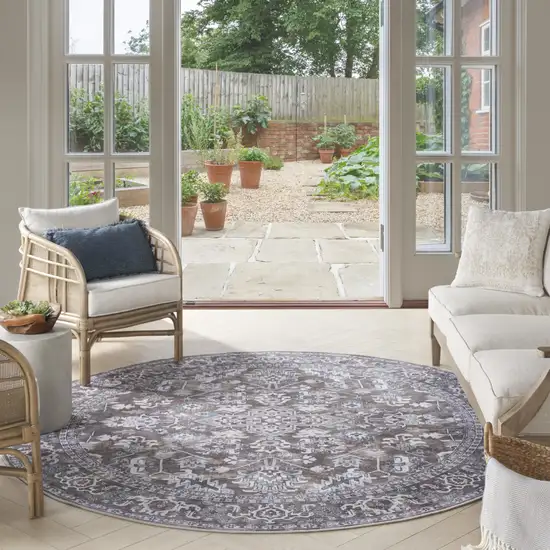 5' Green Floral Power Loom Worn Faded Round Rug Photo 7